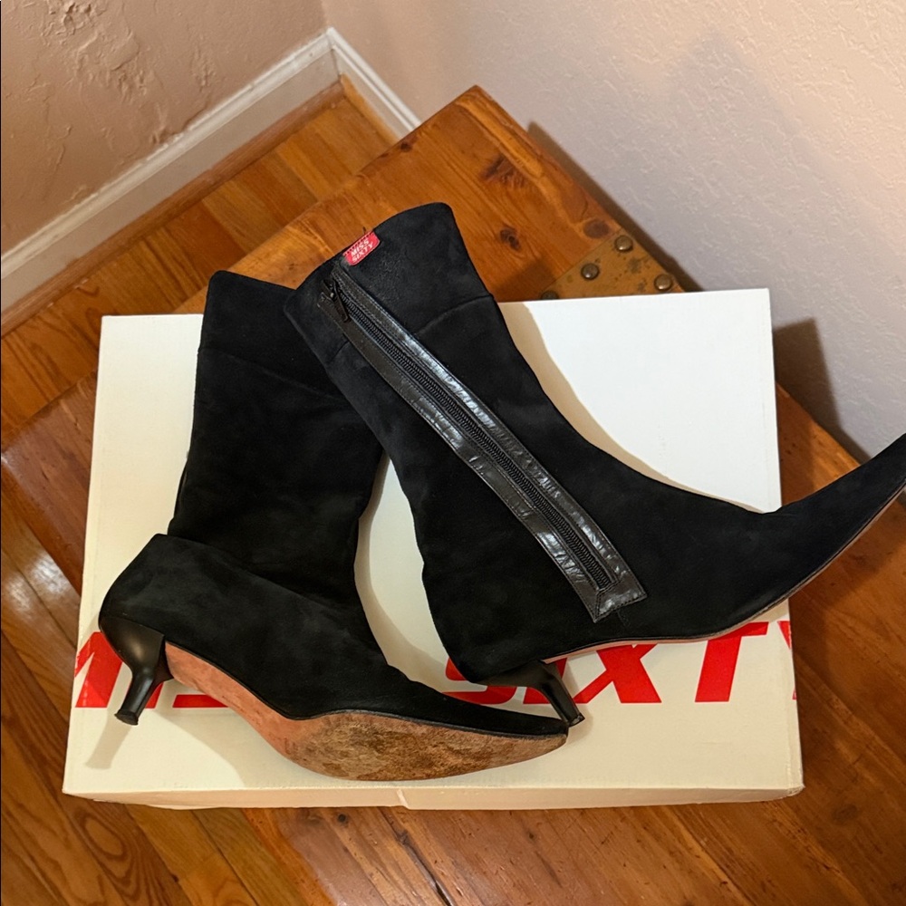 Miss Sixty Black Suede Mid-Calf Kitten Heel Boots - Picture 2 of 9
